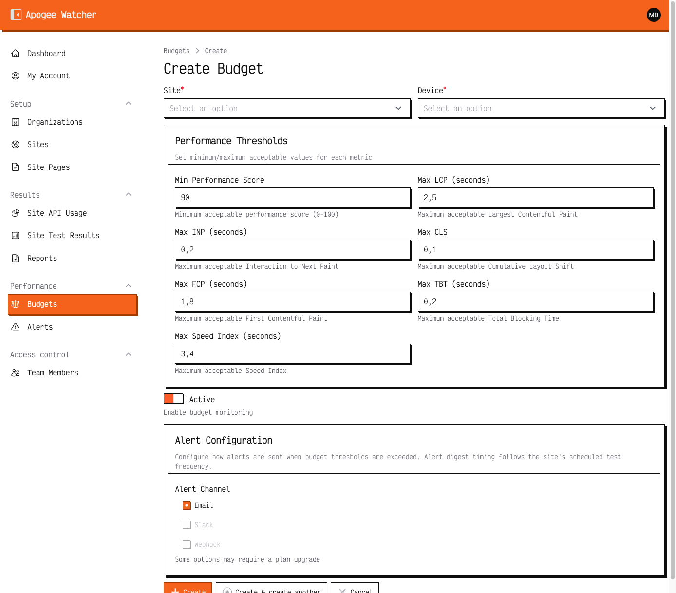 Create Budget form
