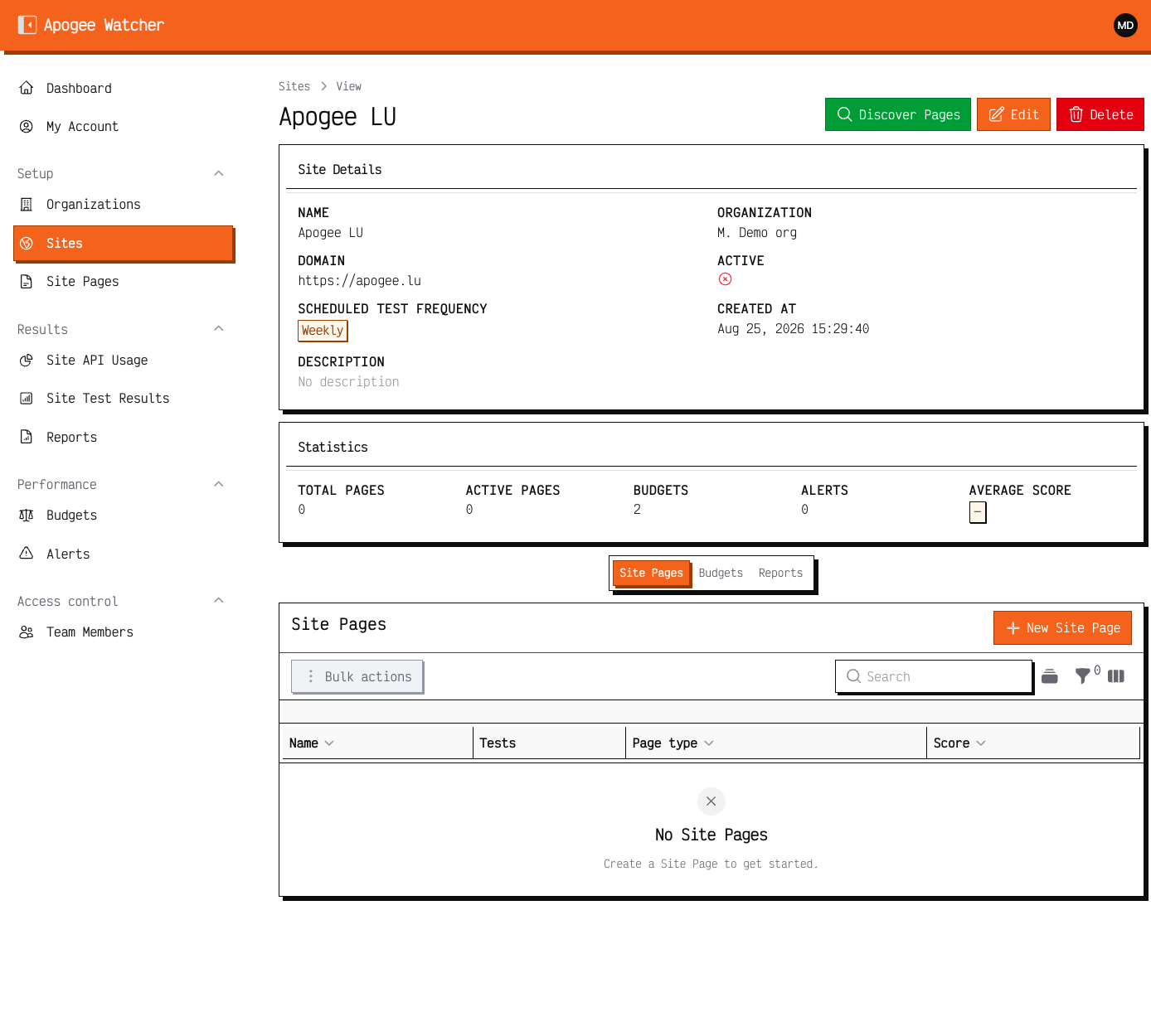 Site view with Discover Pages action