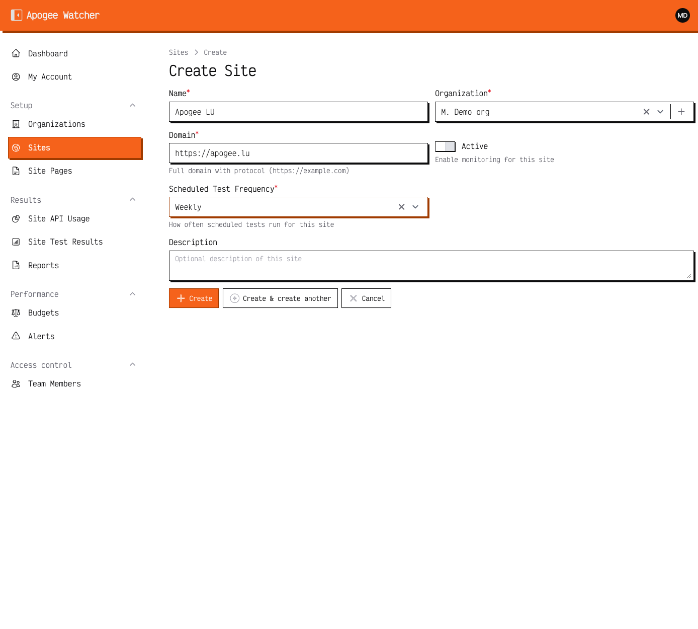 Create site form