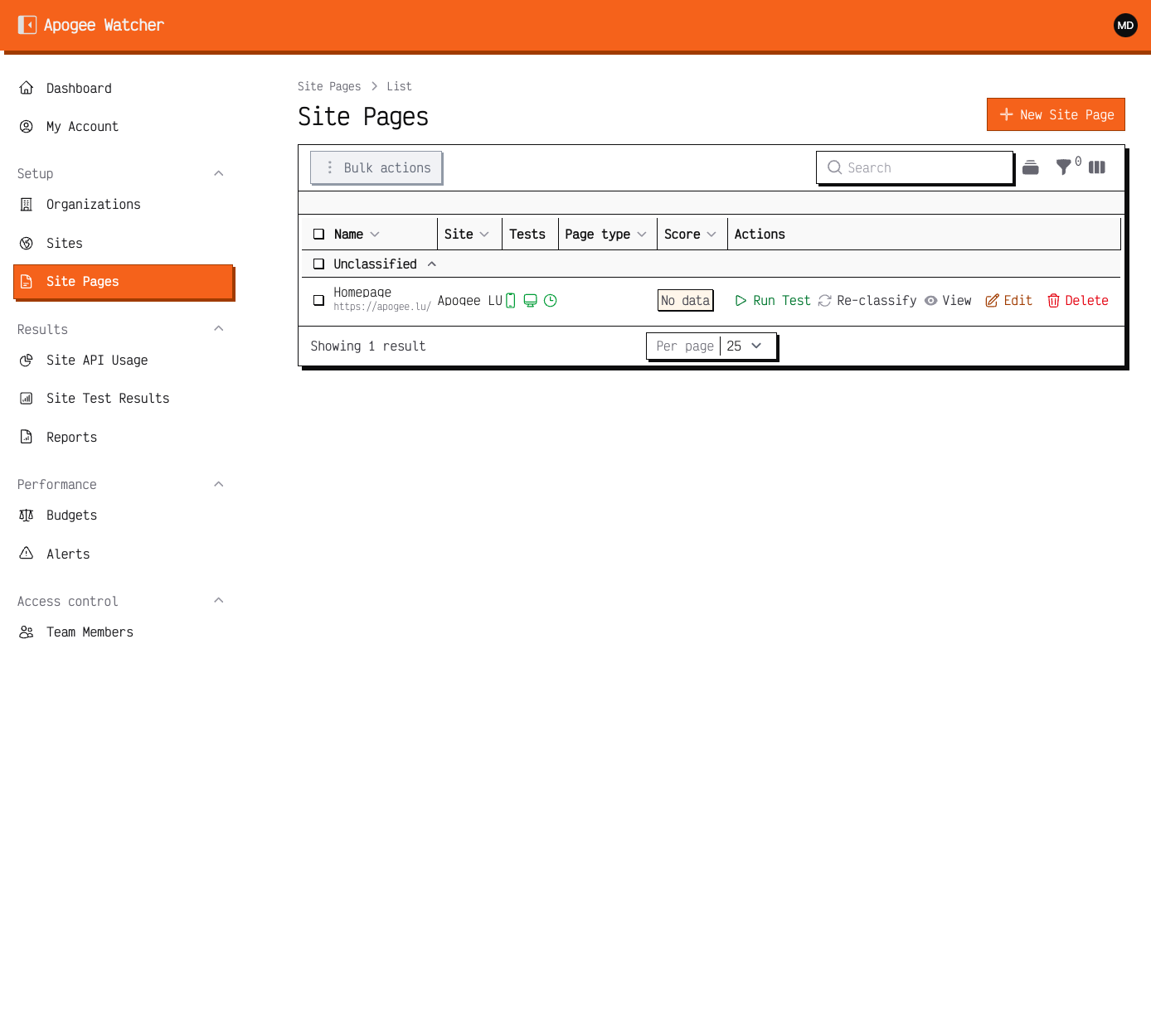 Site pages with Run Test action