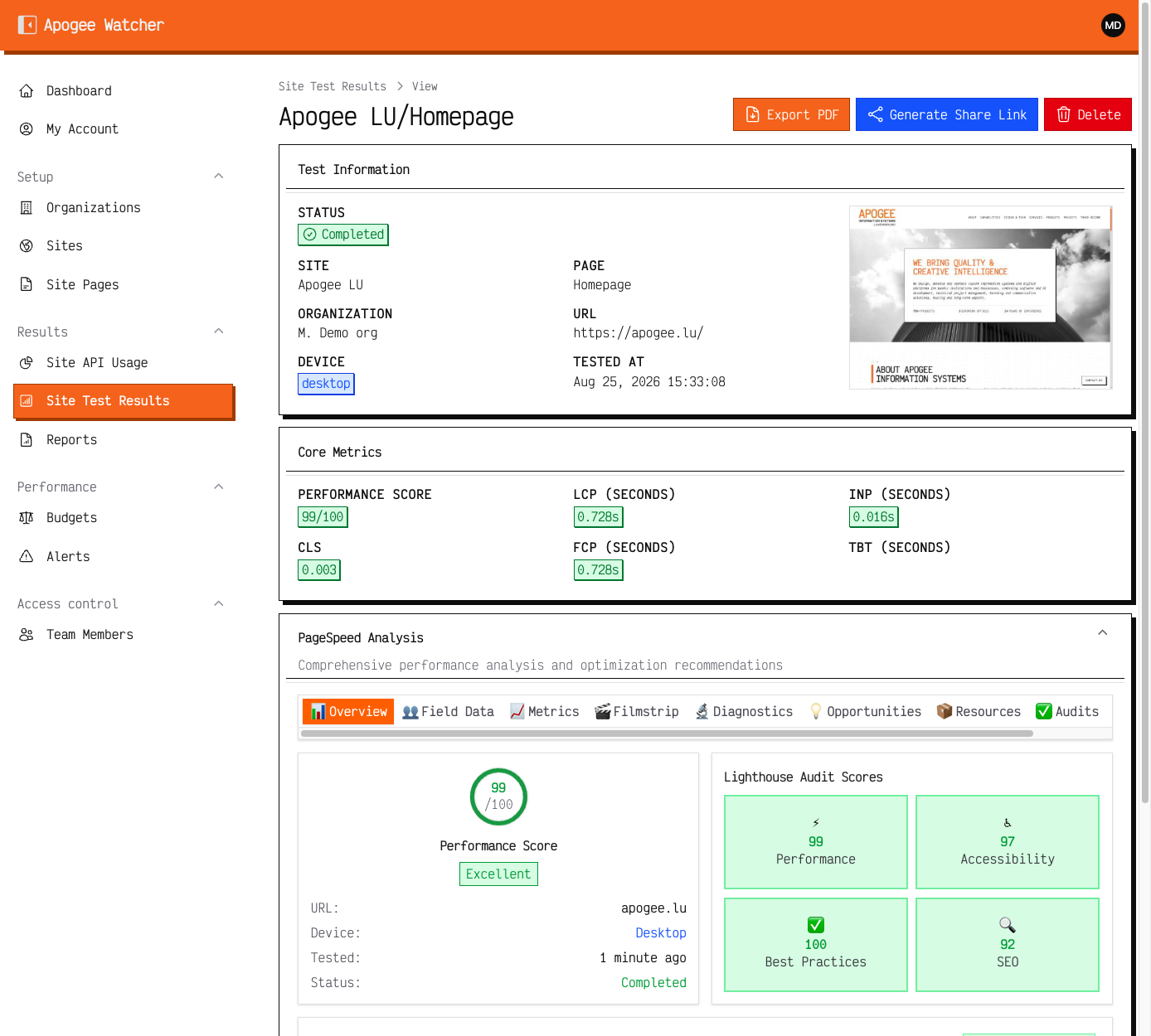 Single test result view