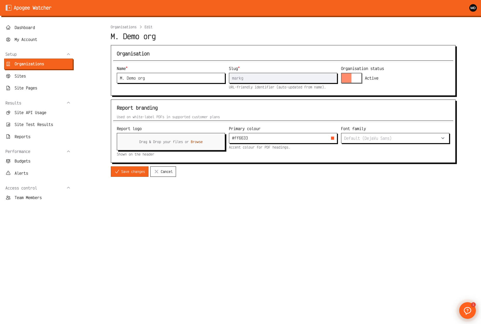 Edit organisation form