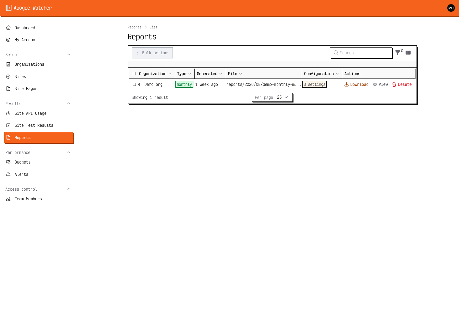 Reports list Delete action Admin