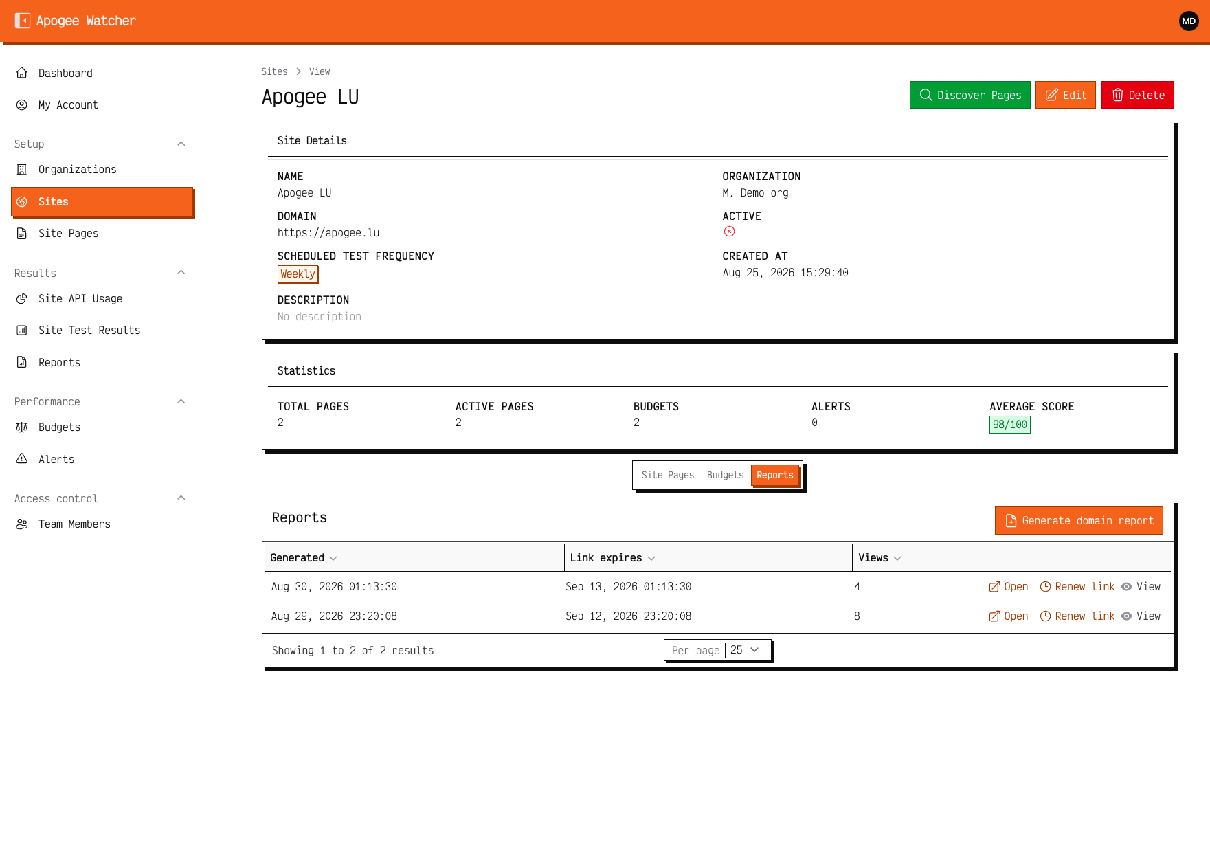 Site Reports tab generate action