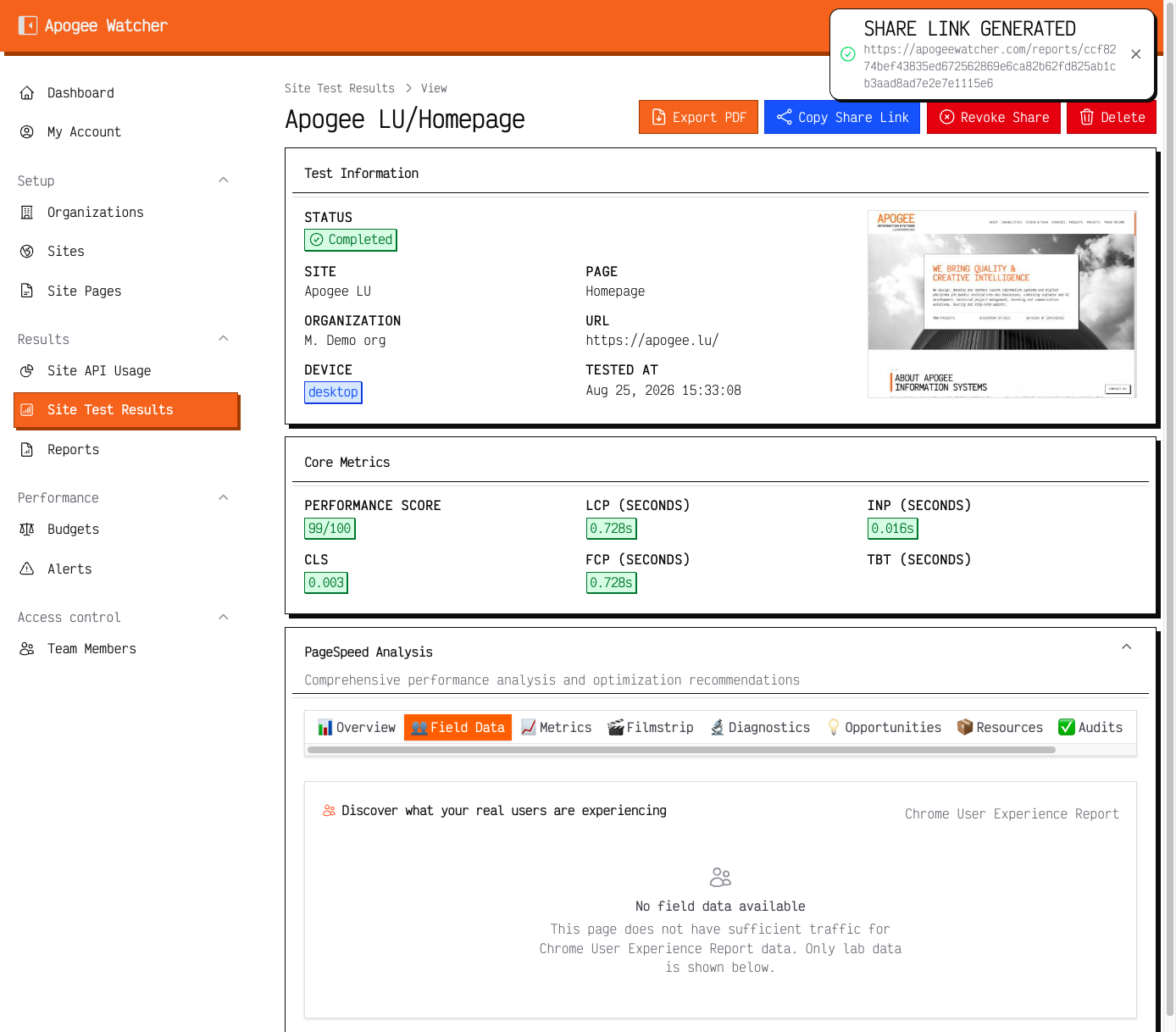 Test result with Copy Share Link