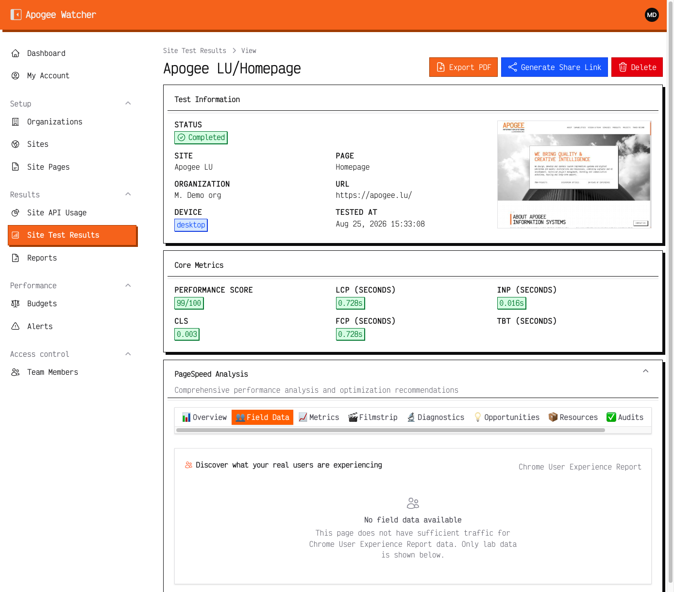 Test result with Field Data tab