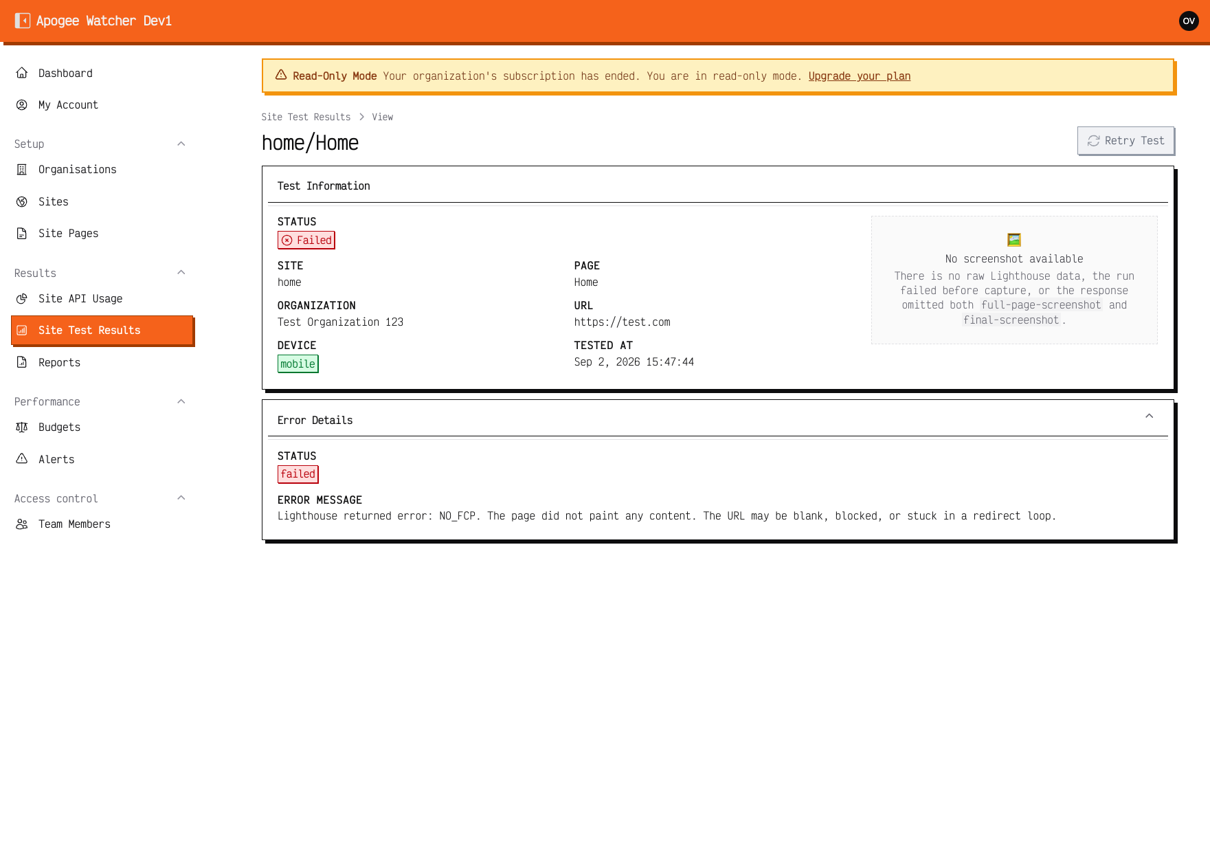 Failed test result with error message